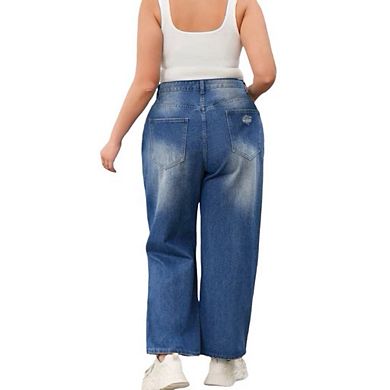 Womens Plus Size Ripped Jeans High Waisted Distressed Stretchy Straight Ankle Denim Pants
