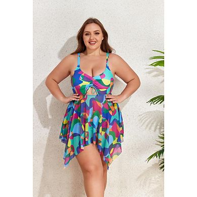 Women Two Piece Swimsuit Plus Size Spaghetti Strap Color Block High Waisted Bikini Bathing Suits