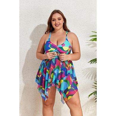 Women Two Piece Swimsuit Plus Size Spaghetti Strap Color Block High Waisted Bikini Bathing Suits