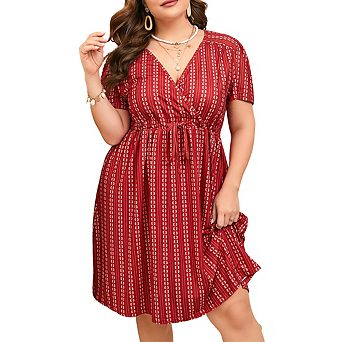 Womens Plus Size V Neck Short Sleeve Tie Waist Casual Midi Dress