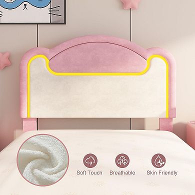 Upholstered Bed Frame with LED Lights, Fabric Headboard & Wood Slats, No Box Spring Needed