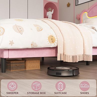 Upholstered Bed Frame with LED Lights, Fabric Headboard & Wood Slats, No Box Spring Needed