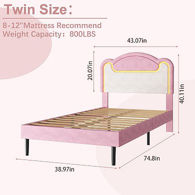 Upholstered Bed Frame with LED Lights, Fabric Headboard & Wood Slats, No Box Spring Needed