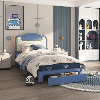 Upholstered Bed Frame with LED Lights, Fabric Headboard & Wood Slats, No Box Spring Needed