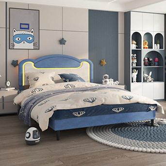 Upholstered Bed Frame with LED Lights, Fabric Headboard & Wood Slats, No Box Spring Needed