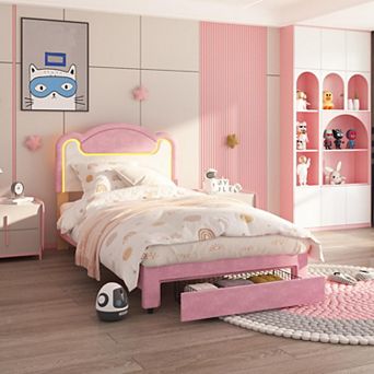 Upholstered Bed Frame with LED Lights, Fabric Headboard & Wood Slats, No Box Spring Needed