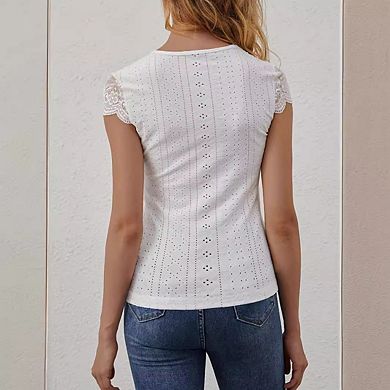 Women's Eyelet Blouse Lace Trim Short Sleeve Shirt V-Neck Ruched Top