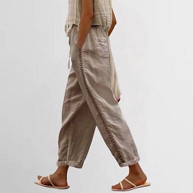 Women's Linen Capri Pants with Drawstring Petite Summer Beachwear Lightweight Elastic Waist Pants