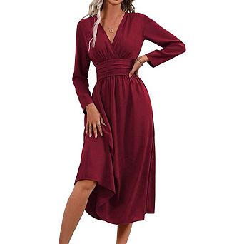 Womens Long Sleeve Maxi Dress Trendy Elegant V Neck Flowy Wedding Guest Holiday Formal Long Dresses