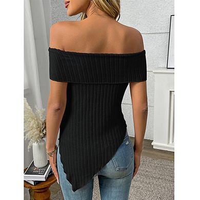 Women's Shirt Off-Shoulder Ribbed Knit Top Asymmetrical Hem Twist Front Blouse