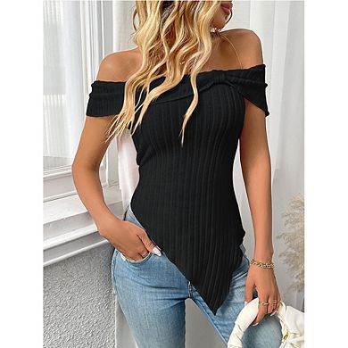 Women's Shirt Off-Shoulder Ribbed Knit Top Asymmetrical Hem Twist Front Blouse