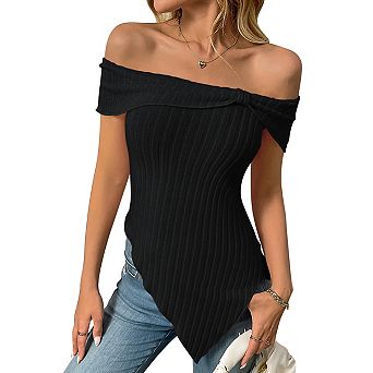 Women's Shirt Off-Shoulder Ribbed Knit Top Asymmetrical Hem Twist Front Blouse