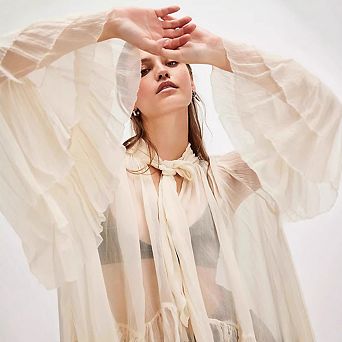 Women's Sheer Tie-Neck Blouse Ruffled Bell Sleeve Cropped Top