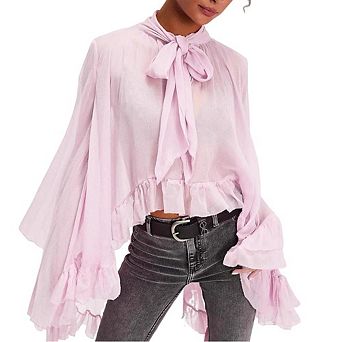 Women's Sheer Tie-Neck Blouse Ruffled Bell Sleeve Cropped Top