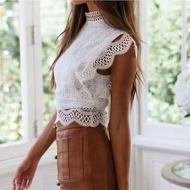 Women's Lace Cropped Blouse High Neck Scalloped Sleeveless Top