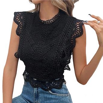 Women's Lace Cropped Blouse High Neck Scalloped Sleeveless Top