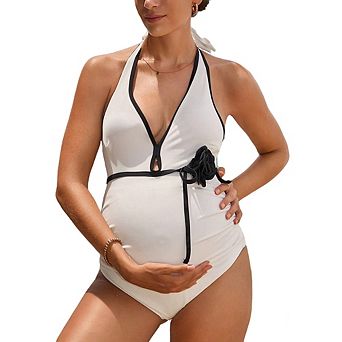Maternity Halter One-Piece Swimsuit Ribbed Bathing Suit with Contrast Trim for Pregnancy Women