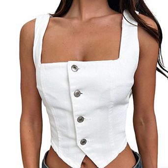 Womens Square Neck Denim Vest Sleeveless Button Down Casual Tops