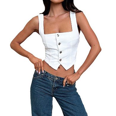 Womens Square Neck Denim Vest Sleeveless Button Down Casual Tops