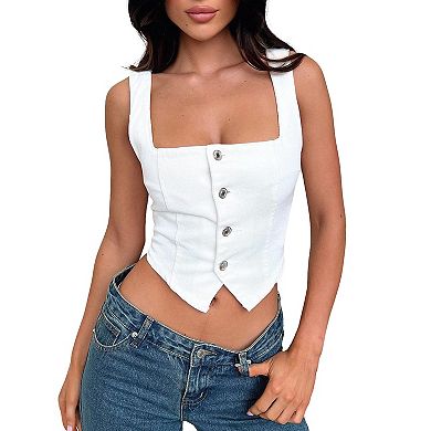 Womens Square Neck Denim Vest Sleeveless Button Down Casual Tops