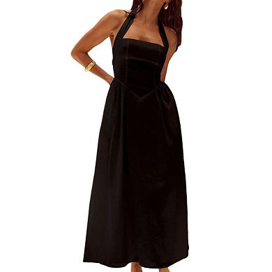 Womens Square Neck Halter Sleeveless Maxi Dress Fitted Side Pockets Elegant Dress