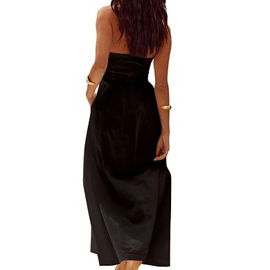 Womens Square Neck Halter Sleeveless Maxi Dress Fitted Side Pockets Elegant Dress