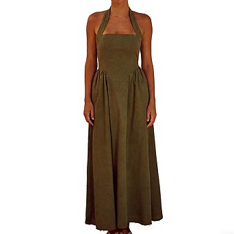 Womens Square Neck Halter Sleeveless Maxi Dress Fitted Side Pockets Elegant Dress