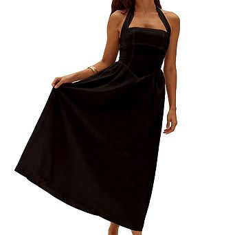 Womens Square Neck Halter Sleeveless Maxi Dress Fitted Side Pockets Elegant Dress