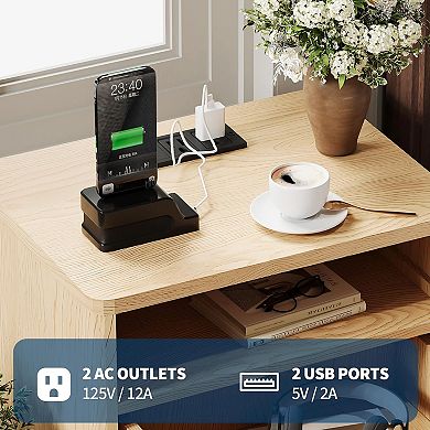 Modern Fluted Nightstand with 2 Drawers & Open Shelve, Bedside Table with USB Ports & Outlets