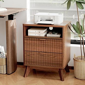 Modern Fluted Nightstand with 2 Drawers & Open Shelve, Bedside Table with USB Ports & Outlets