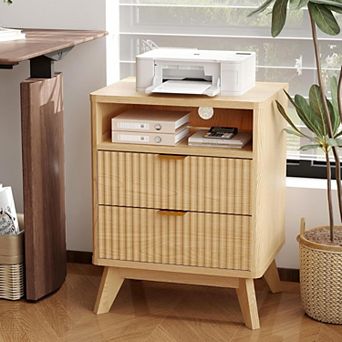Modern Fluted Nightstand with 2 Drawers & Open Shelve, Bedside Table with USB Ports & Outlets