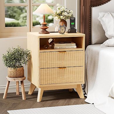 2Pack Modern Fluted Nightstand with 2 Drawers & Open Shelve, Bedside Table with USB Ports & Outlets