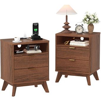 2Pack Modern Fluted Nightstand with 2 Drawers & Open Shelve, Bedside Table with USB Ports & Outlets