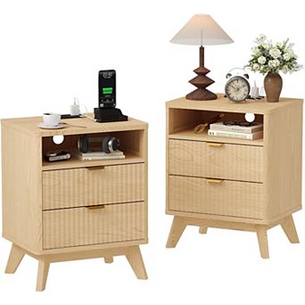 2Pack Modern Fluted Nightstand with 2 Drawers & Open Shelve, Bedside Table with USB Ports & Outlets