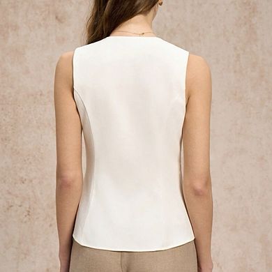 Women's Sleeveless Button-Front Waistcoat Crew Neck Fitted Vest