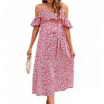 Womens V Neck Cold Shoulder Ruffled Maternity Spaghetti Straps Ruched Waist Baby Showers Midi Dress