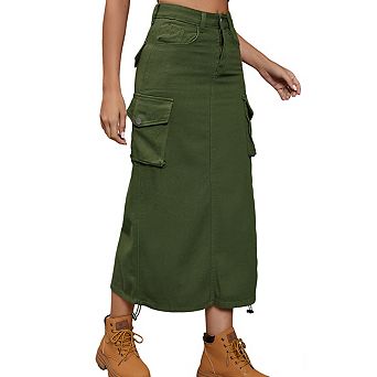 Womens High Waist Adjustable Drawstring Ruched Side Casual Midi Cargo Skirt With Pockets