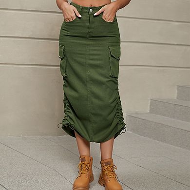 Womens High Waist Adjustable Drawstring Ruched Side Casual Midi Cargo Skirt With Pockets