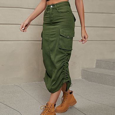 Womens High Waist Adjustable Drawstring Ruched Side Casual Midi Cargo Skirt With Pockets
