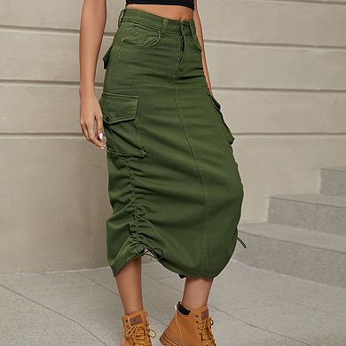 Womens High Waist Adjustable Drawstring Ruched Side Casual Midi Cargo Skirt With Pockets
