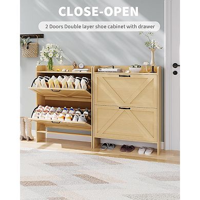 ANIXOL Slim Shoe Storage Cabinet with 2 Flip-Out Drawers, Freestanding Entryway Organizer