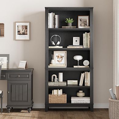 ANIXOL 5-Tier Farmhouse Bookcase with Adjustable Shelves