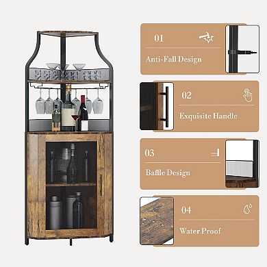 ANIXOL 5-Tier Industrial Corner Bar Cabinet with Glass Holder & Adjustable Shelves