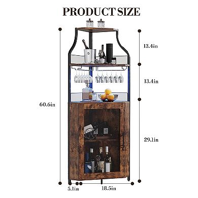 ANIXOL 5-Tier Industrial Corner Bar Cabinet with Glass Holder & Adjustable Shelves