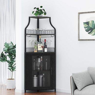 ANIXOL 5-Tier Industrial Corner Bar Cabinet with Glass Holder & Adjustable Shelves