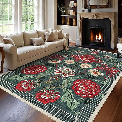 Washable Area Rugs for Living Room Vintage Floral Rugs with Non-Slip Backing
