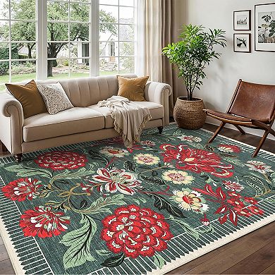 Washable Area Rugs for Living Room Vintage Floral Rugs with Non-Slip Backing