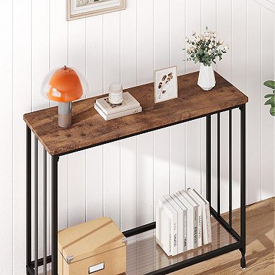 Narrow Console Table with Glass Shelf, Modern Sofa Table with Metal Frame for Entryway, Living Room