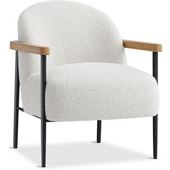 Accent Chair, Mid-Century Teddy Fabric Chair with Wood Arms for Living Room Bedroom, White