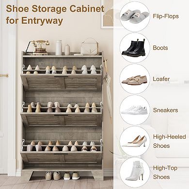 ANIXOL 3-Tier Slim Shoe Cabinet with Louvered Flip Doors & Side Hooks
